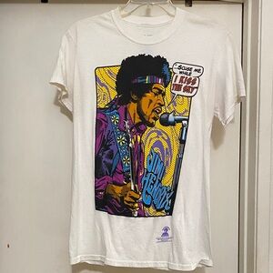 Liquid Blue White Tee with Multicolor Jimi Hendrix Graphic